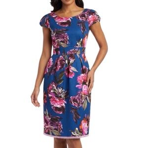 MOULINETTE SOEURS Anthropologie Dress Blue Pink Floral Cap Sleeve Size 2